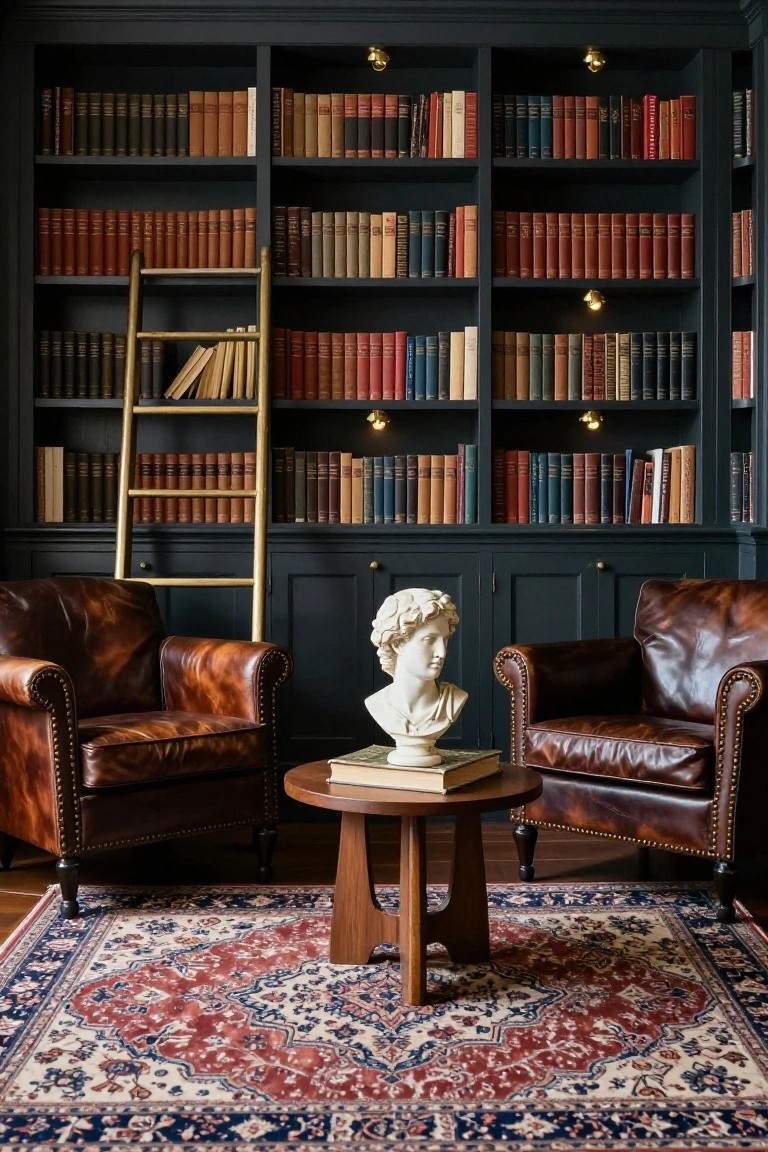 Dark built-in bookshelves filled with books line the wall behind two brown leather armchairs, a round wooden table holding a white bust, and a patterned rug on the floor.