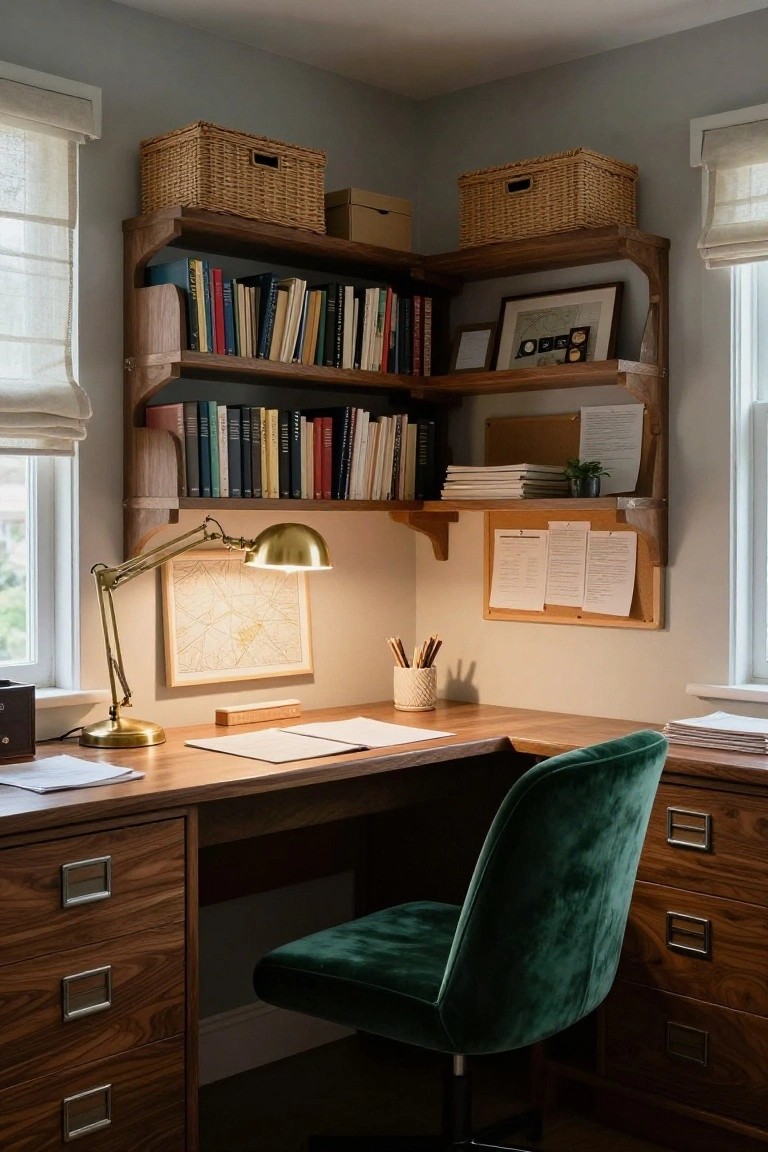 A home office corner with a wooden desk, built-in wooden shelves filled with books and baskets, a green velvet chair, and a brass desk lamp.