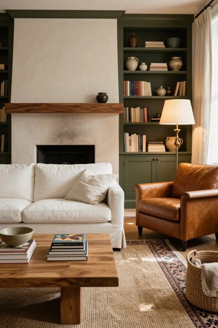 A living room with a white sofa, wooden coffee table, brown leather chair, and a fireplace flanked by dark green built-in bookshelves filled with books and pottery.