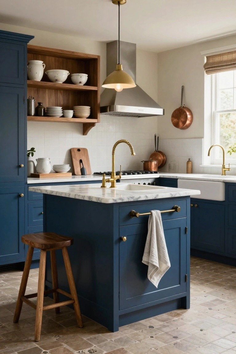 A kitchen interior featuring deep blue painted cabinets, a marble-topped island with brass fixtures, open wood shelving, and a white farmhouse sink under a window.