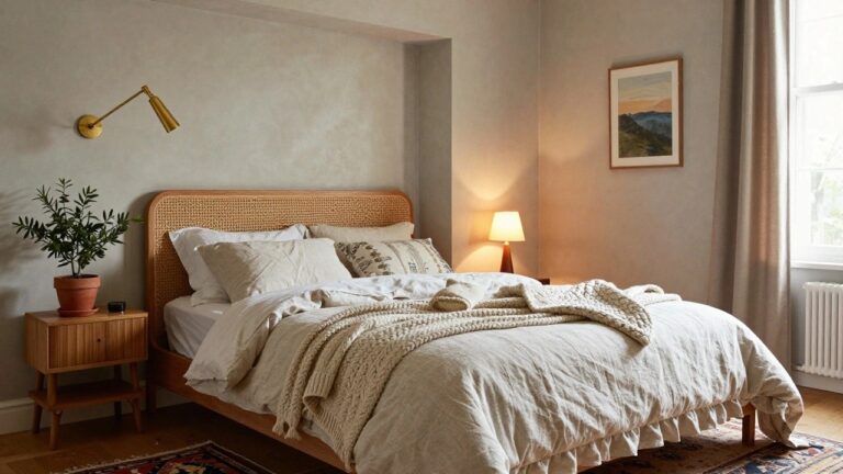 20 Collected Home Decor Ideas That Create a Layered Timeless Feel A bedroom corner showing a bed with a woven cane headboard, rumpled white linens, a chunky knit throw, several pillows, a red patterned rug on wood flooring, and a wooden nightstand under a wall sconce.