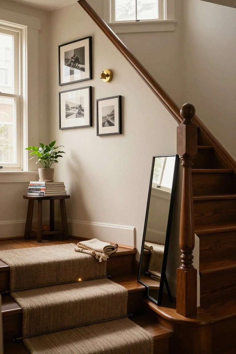 A wooden staircase with a beige runner features several black-and-white photographs in black frames arranged on the adjacent wall, next to a leaning full-length mirror.