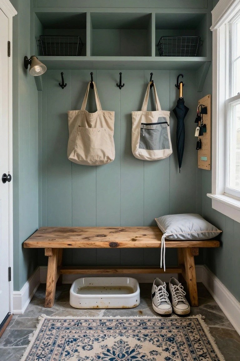 Green mudroom with wooden bench, hanging canvas totes, umbrella, sneakers, and patterned rug.