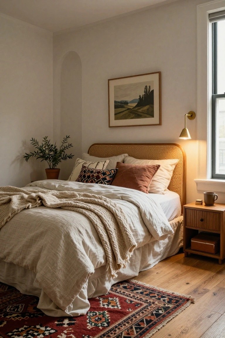A bedroom corner showing a bed with a woven cane headboard, rumpled white linens, a chunky knit throw, several pillows, a red patterned rug on wood flooring, and a wooden nightstand under a wall sconce.