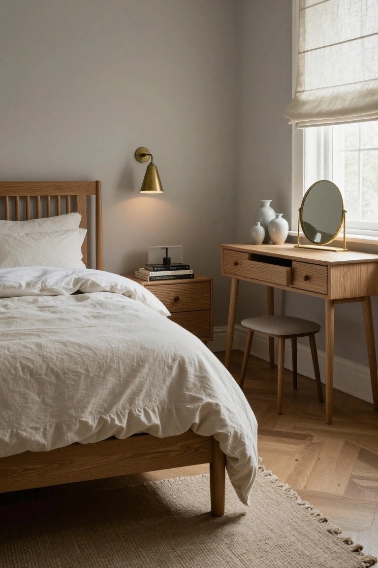 A bedroom featuring a wooden bed with white bedding, a matching oak nightstand, and a wooden desk with stool positioned near a window.