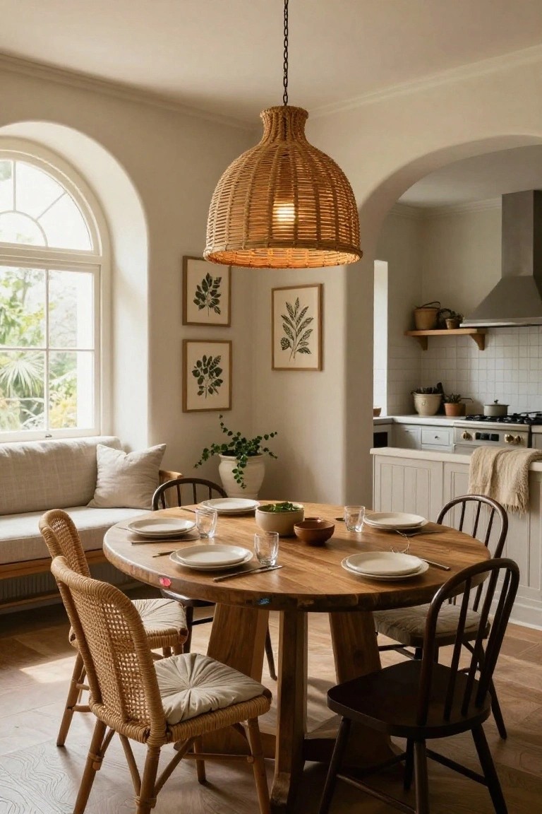 A round wooden dining table set for a meal with white plates and glassware, surrounded by mixed wicker and wooden chairs beneath a large woven pendant light in a neutral room with an arched window.