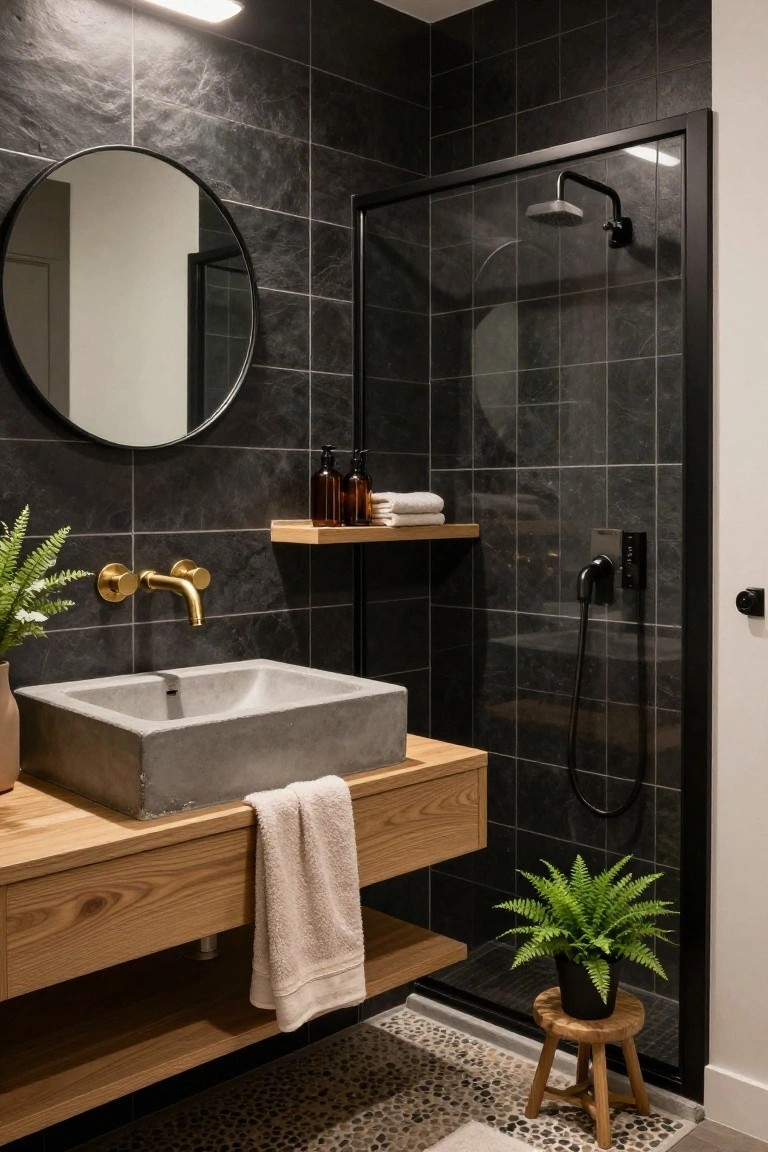 A bathroom featuring a floating oak vanity with a concrete sink, dark stone tile walls, a round mirror, and a glass-enclosed shower.