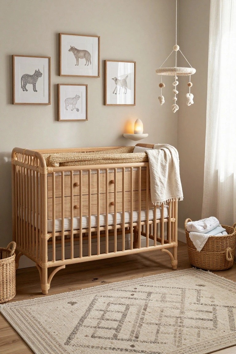 A light wood crib with rattan accents in a neutral nursery, shown with framed animal prints on the wall, a woven mobile, and a patterned rug on the floor.