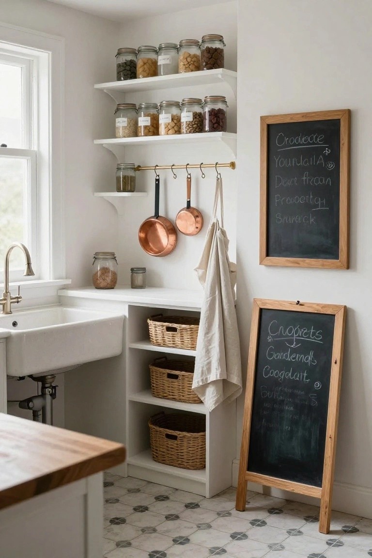 A white kitchen corner with open shelves holding labeled glass jars, hanging copper pots, wicker baskets in cubbies, a farmhouse sink, and two chalkboards on the wall.
