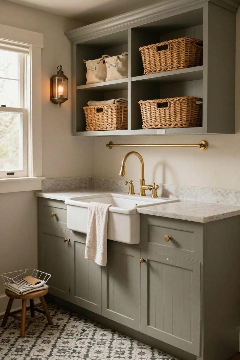 A utility room with gray painted cabinets, a white farmhouse sink, marble countertops, brass fixtures, and open upper shelving holding woven baskets and fabric bins.