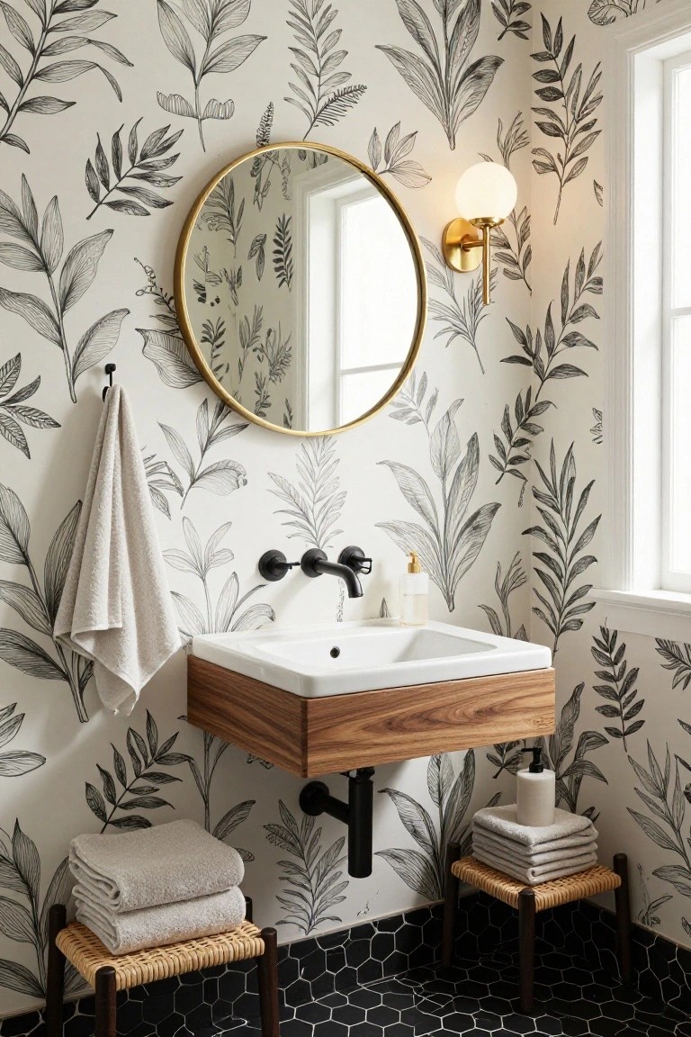 A bathroom interior featuring black and white leaf-patterned wallpaper, a round gold-framed mirror, a floating wood vanity with a white sink, black fixtures, and two woven stools holding folded towels.