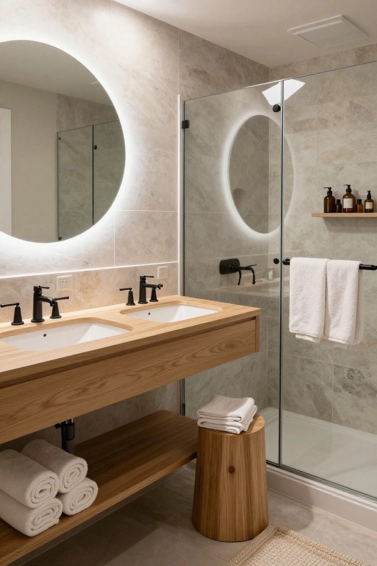 A modern bathroom with a floating light wood double vanity, two white undermount sinks with black faucets, round backlit mirrors, and a glass shower on the right.
