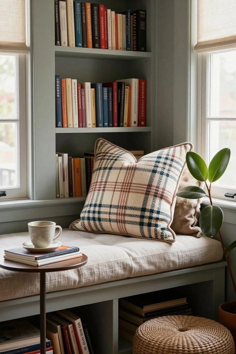 A built-in window seat with a plaid pillow sits beneath two shelves of books, next to a small side table holding a cup and a stack of books.