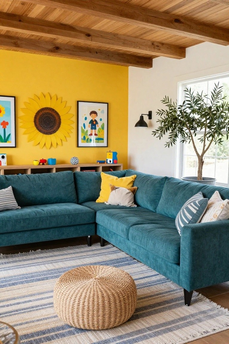 A living room featuring a teal sectional sofa in front of a bright yellow accent wall with sunflower decor and framed art, a striped rug, and a woven ottoman.