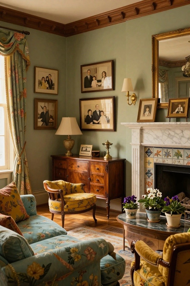 A living room with sage green walls, multiple framed family photos arranged above a wooden sideboard, floral upholstered furniture, and a marble fireplace mantel.