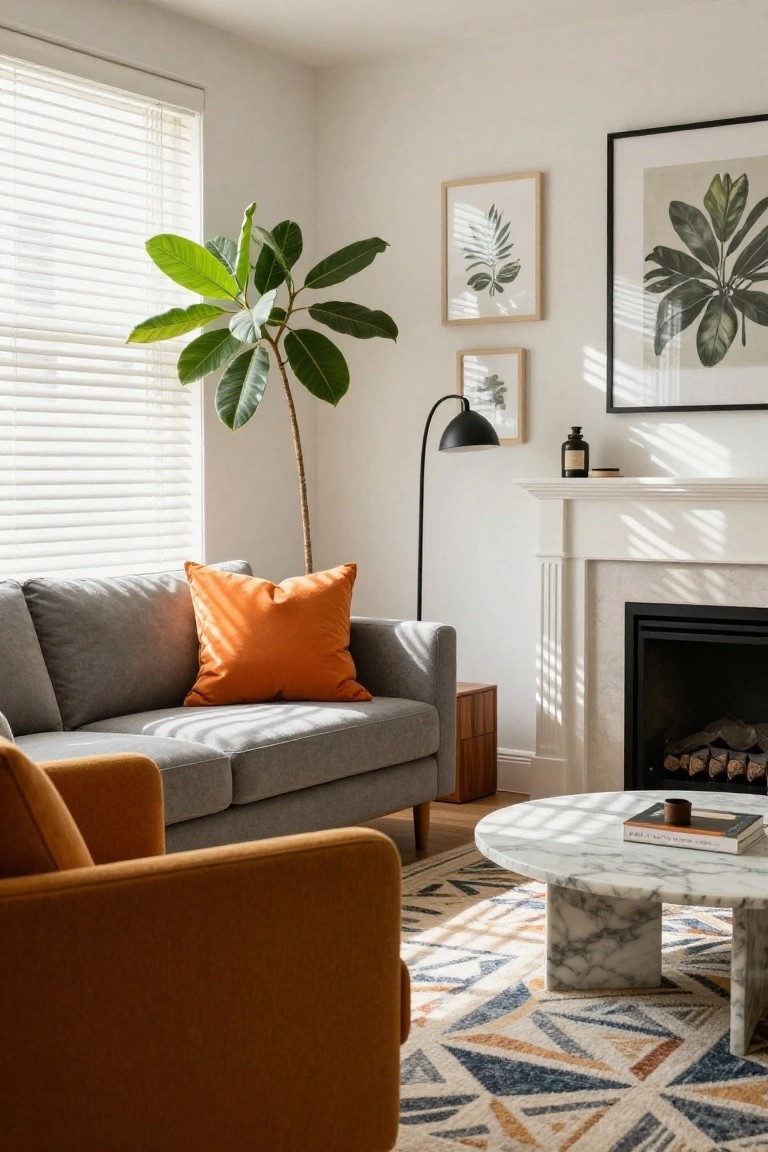A living room featuring a gray sofa with an orange pillow, an orange armchair in the foreground, a large potted plant by the window, and a marble coffee table on a patterned rug.