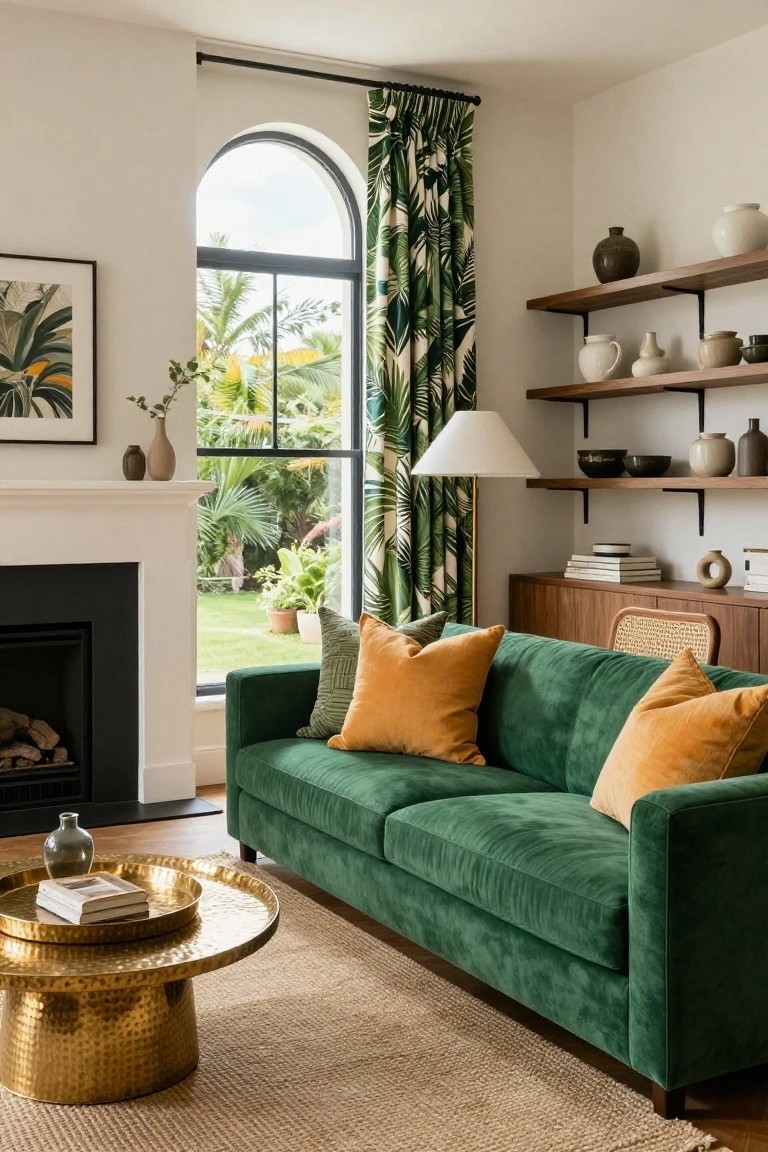 A living room with a green velvet sofa, orange pillows, a brass coffee table, floating wooden shelves, and an arched window with patterned curtains.