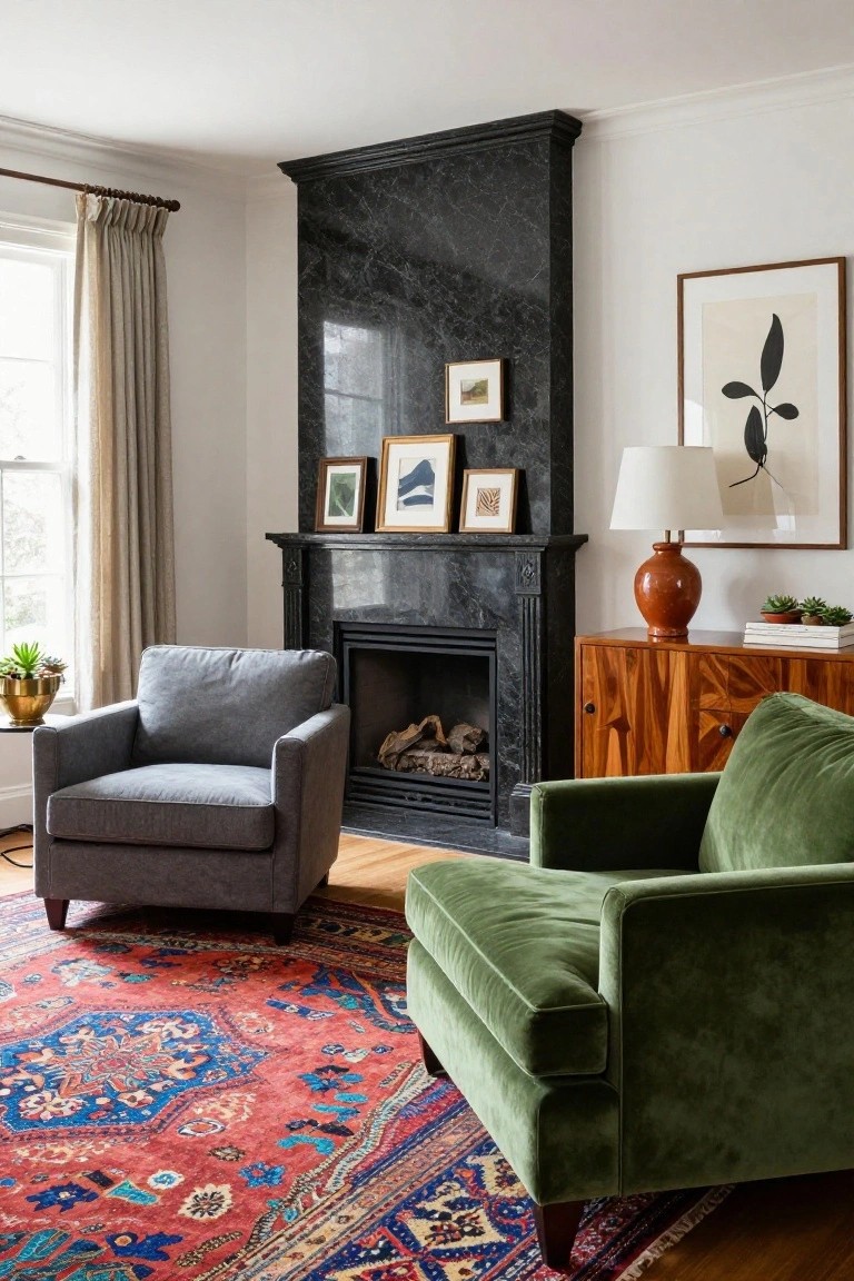 Gray armchair and green velvet chair facing black marble fireplace on colorful rug.
