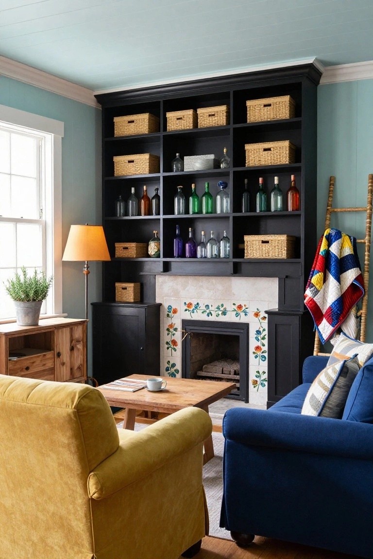 A living room with black built-in shelves surrounding a tiled fireplace, holding woven baskets and colorful glass bottles, with a yellow armchair and blue sofa in front.