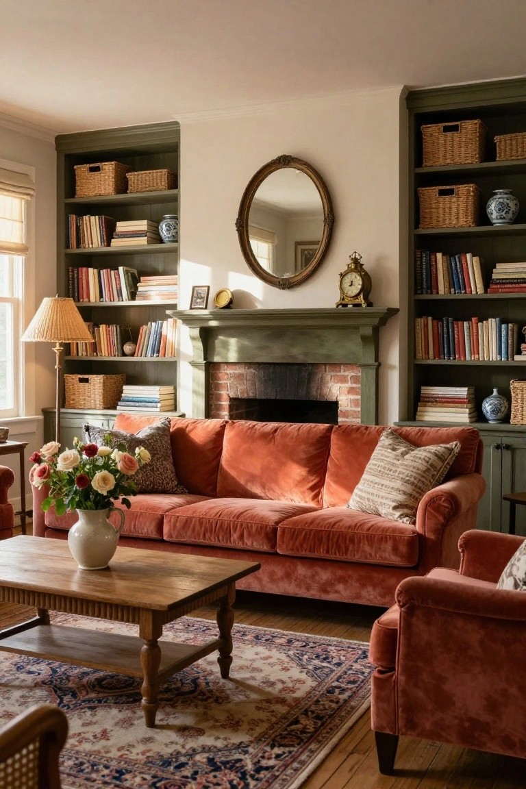 A living room featuring a rust-orange velvet sofa centered in front of a green-painted fireplace mantel, with built-in bookshelves on both sides holding books and woven baskets, a wooden coffee table on a patterned rug, and a round mirror above the mantel.