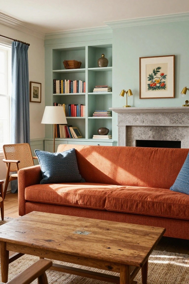 A living room featuring a rust orange sofa facing built-in bookshelves painted in a soft blue-green tone, positioned beside a marble fireplace mantel.