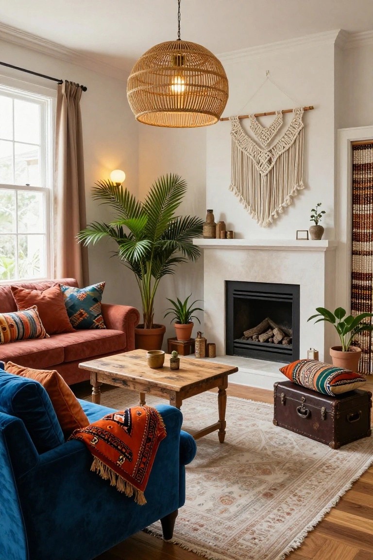 Cozy bohemian living room with blue velvet chair, red sofa, fireplace, and woven lamp.