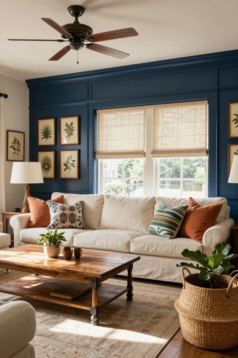 Living room with navy walls, white sofa, wooden coffee table, and ceiling fan.