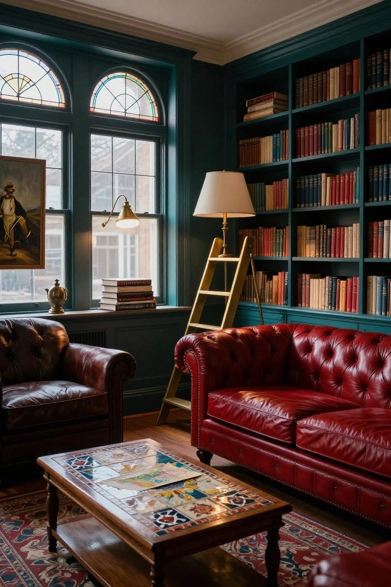 A living room with deep teal walls, built-in bookshelves filled with books, a red leather sofa, a brown leather armchair, and a wooden coffee table in front of arched windows.