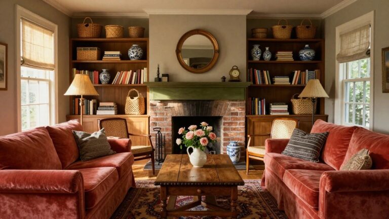 A living room featuring a rust-orange velvet sofa centered in front of a green-painted fireplace mantel, with built-in bookshelves on both sides holding books and woven baskets, a wooden coffee table on a patterned rug, and a round mirror above the mantel.