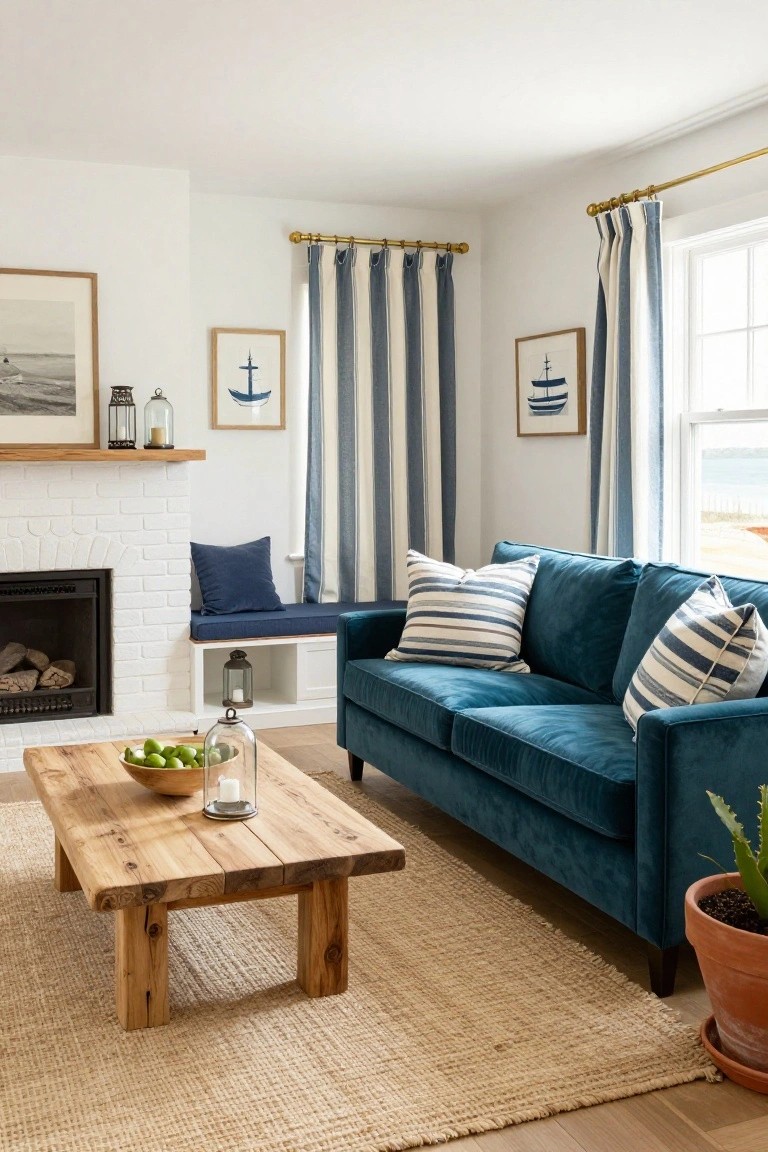 A living room featuring a blue velvet sofa, wooden coffee table on a jute rug, white brick fireplace, and blue and white striped curtains.