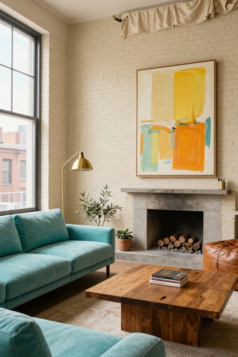 A living room featuring a turquoise sofa, wooden coffee table, concrete fireplace, and a large colorful abstract painting on a white brick wall.