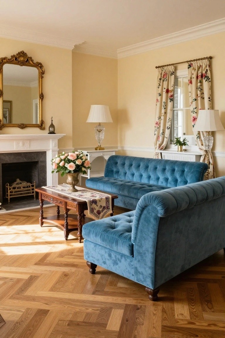 Blue velvet sofas in sunlit living room with fireplace, floral curtains and coffee table