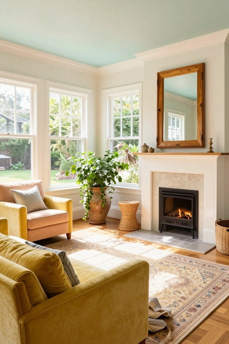 A living room with yellow upholstered seating, a white fireplace, multiple windows, and a mint green ceiling.