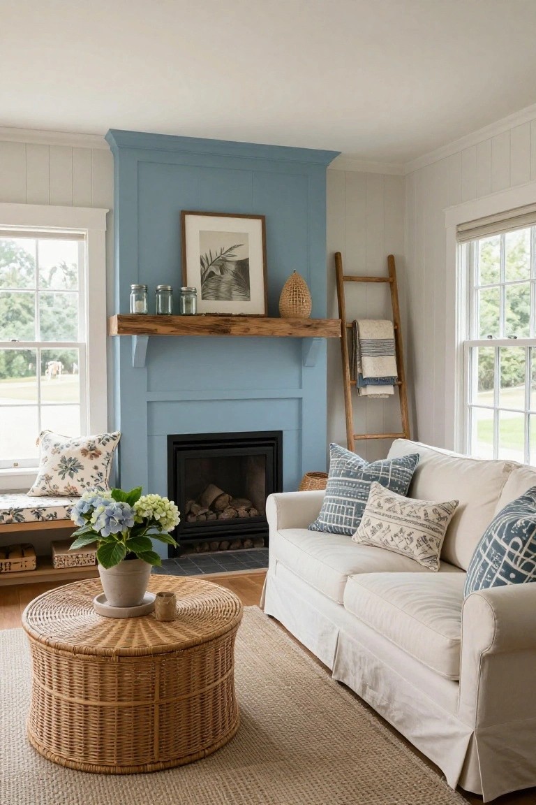 A living room with a blue painted fireplace wall and mantel, white sofa, round wicker coffee table, and windows on both sides.