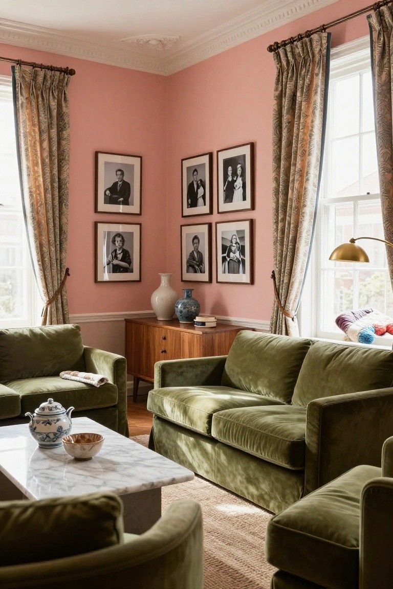 A living room with pink walls, green velvet seating, a marble coffee table, wooden cabinet, and framed black and white photographs arranged on the wall.