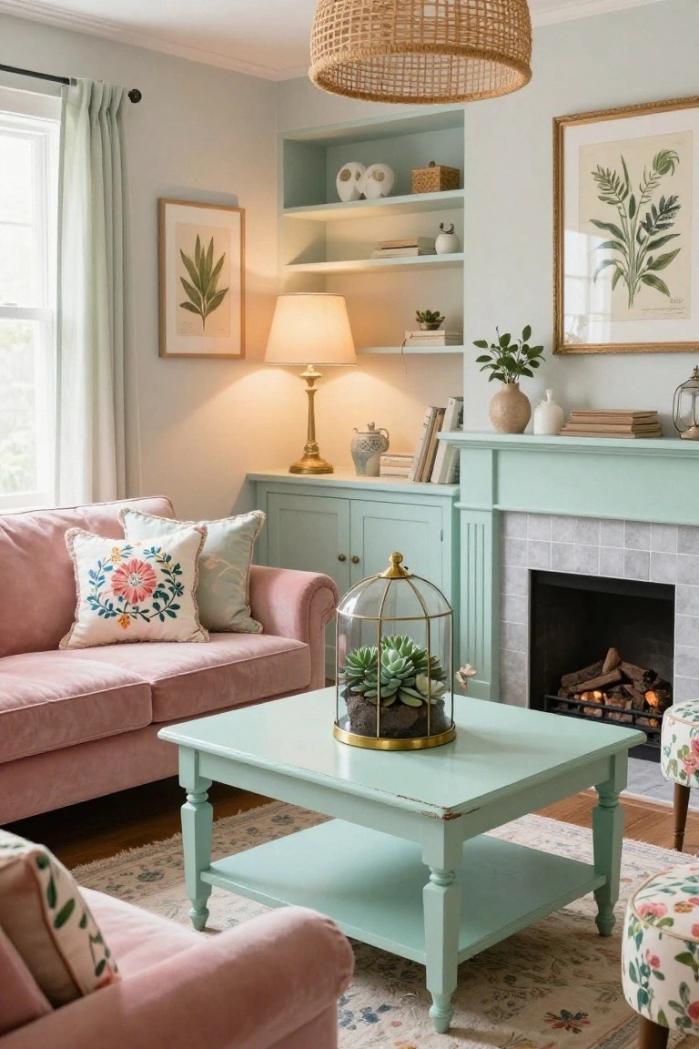 A living room featuring a pink velvet sofa, mint green coffee table with succulents, built-in shelves, and a fireplace with light blue mantel.