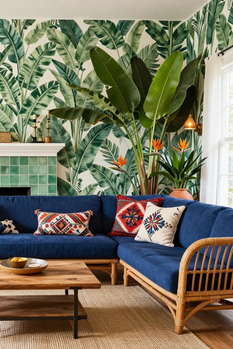 A living room featuring a blue sectional sofa, wooden coffee table, and walls covered in large green tropical leaf wallpaper.