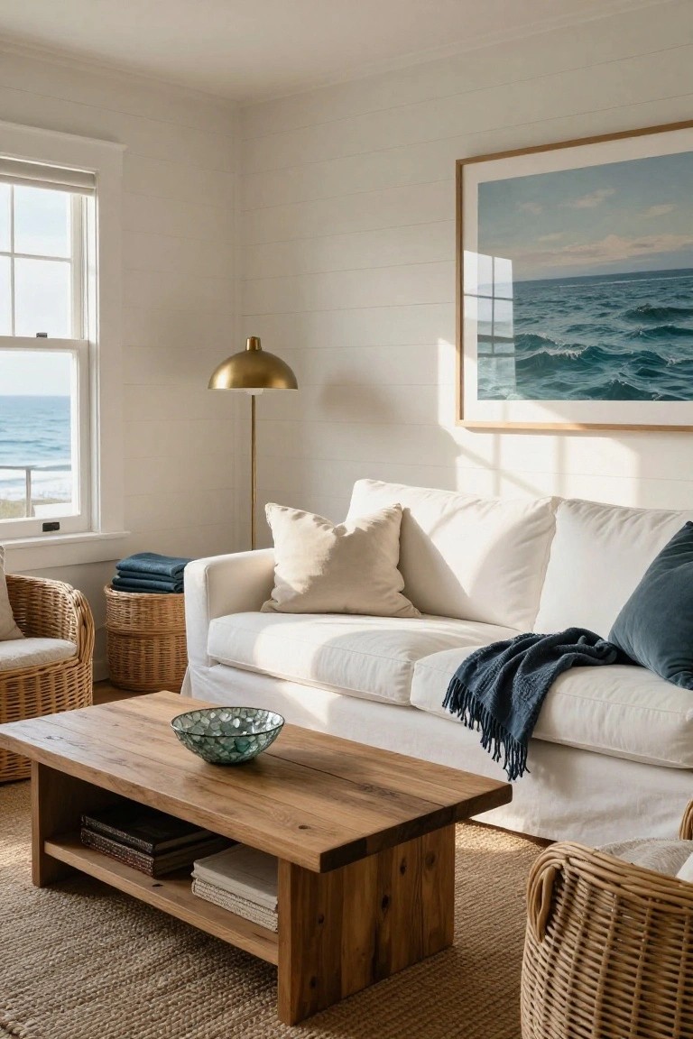 A bright living room with a white sofa, wooden coffee table, wicker accents, and a large ocean view window.