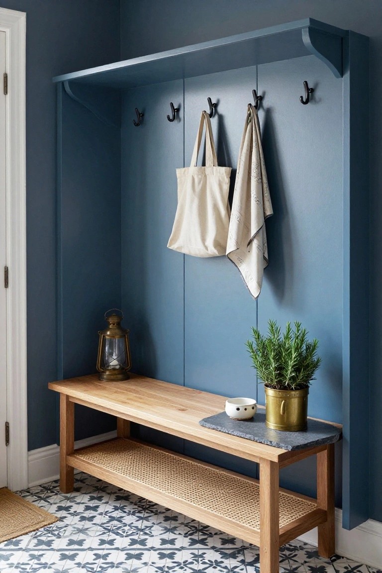 A wooden bench with a woven lower shelf sits below a blue paneled wall fitted with black hooks, holding a tote bag and cloth, with a lantern and potted plant on the bench.