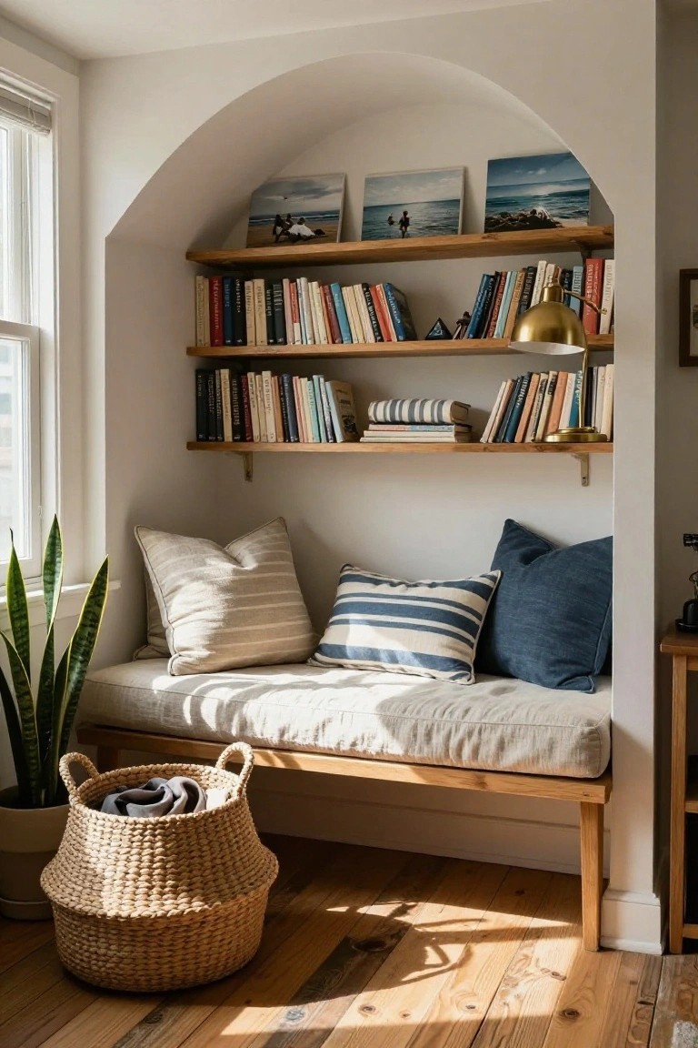 A wooden built-in bench with cushions sits in an arched alcove beneath two shelves filled with books, framed photos, and a lamp, next to a window with a plant and basket nearby.