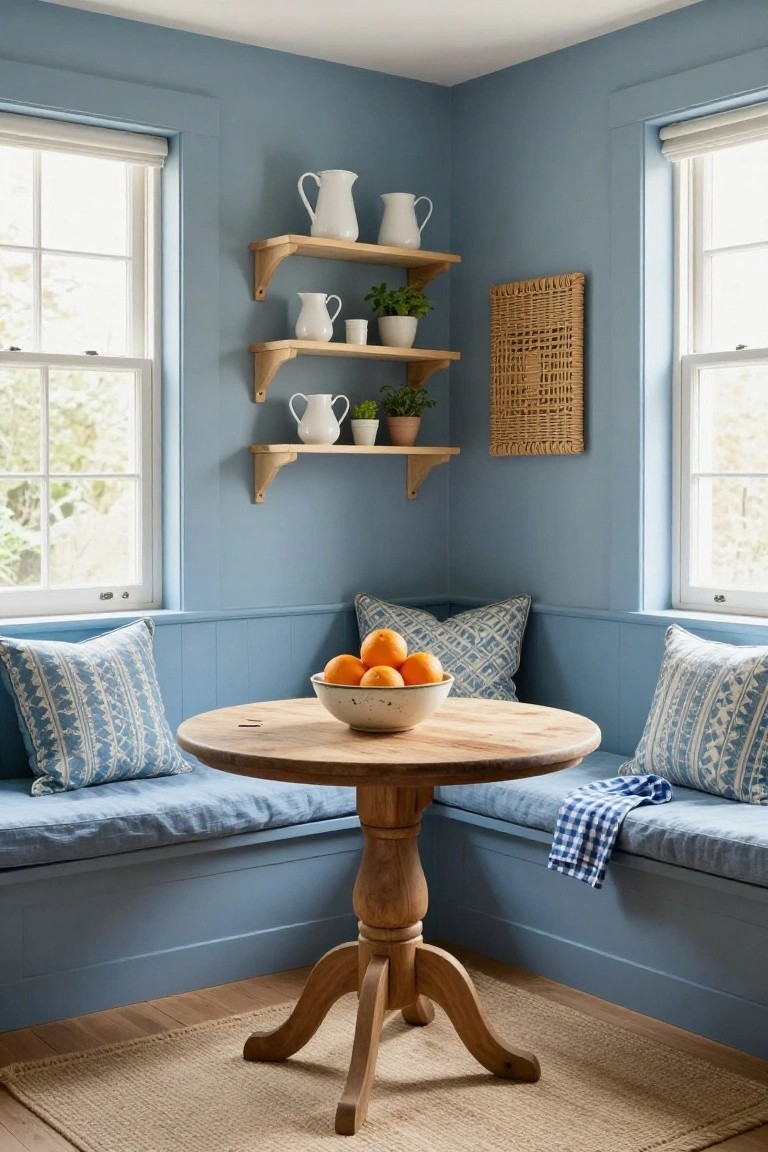 A corner room with blue walls features built-in bench seating, a round wooden pedestal table with a bowl of oranges, and three wooden shelves holding white pitchers and small plants.