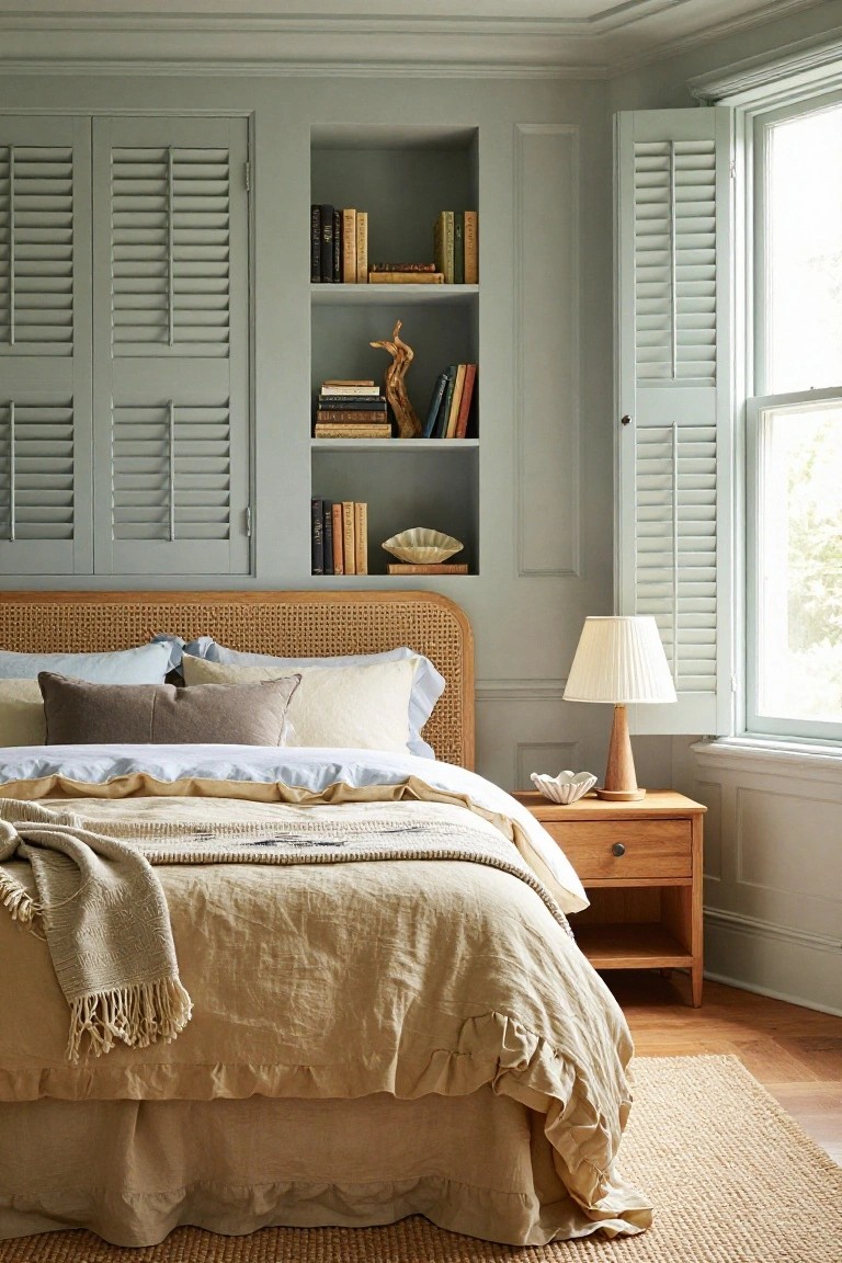A bedroom featuring a bed with neutral linens and a rattan headboard, flanked by built-in gray shelving units holding books and a few decorative items, with a wooden nightstand and shuttered window to the right.