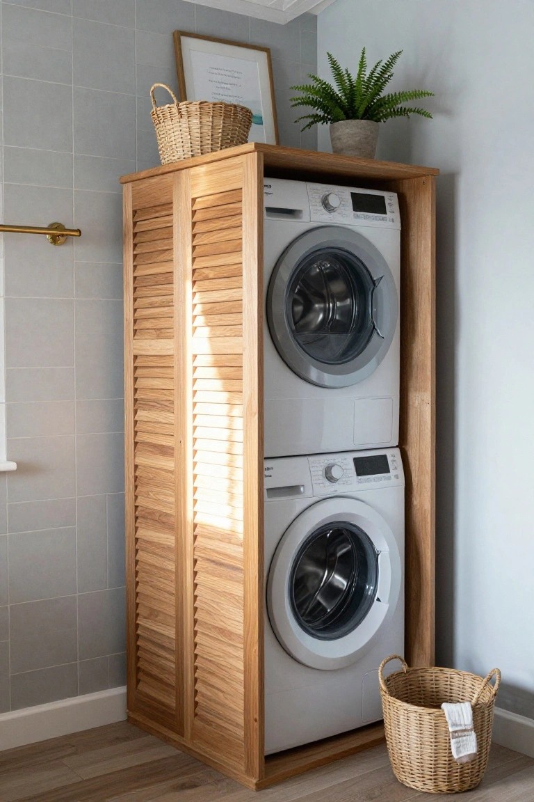 Stacked white washer and dryer units inside a light wood cabinet with vertical louvered doors in a tiled room.