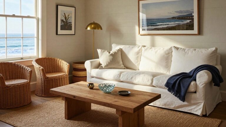 A bright living room with a white sofa, wooden coffee table, wicker accents, and a large ocean view window.
