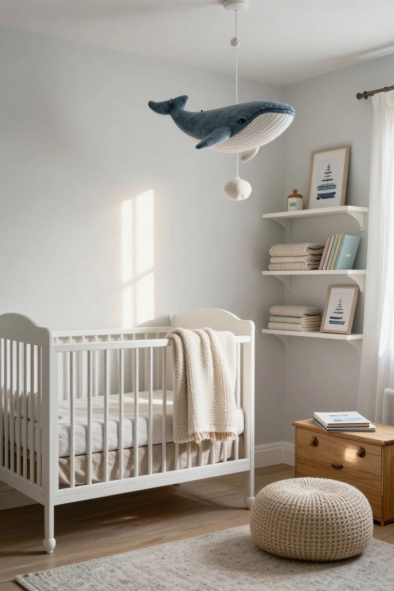 A nursery with a white crib, a blue and white whale mobile hanging from the ceiling, white shelves with folded blankets and framed prints, a wooden dresser, and a woven pouf on the floor.
