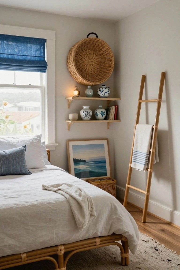 A coastal-style bedroom with a rattan bed, wooden leaning ladder holding a striped towel, floating shelves with pottery, and a large woven basket on the wall.
