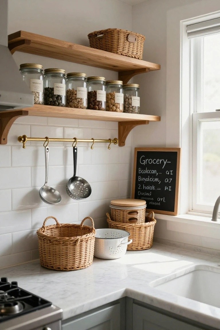 Kitchen interior with two wooden floating shelves holding rows of labeled glass jars, a brass rail with hanging utensils, and woven baskets on the white marble countertop below.