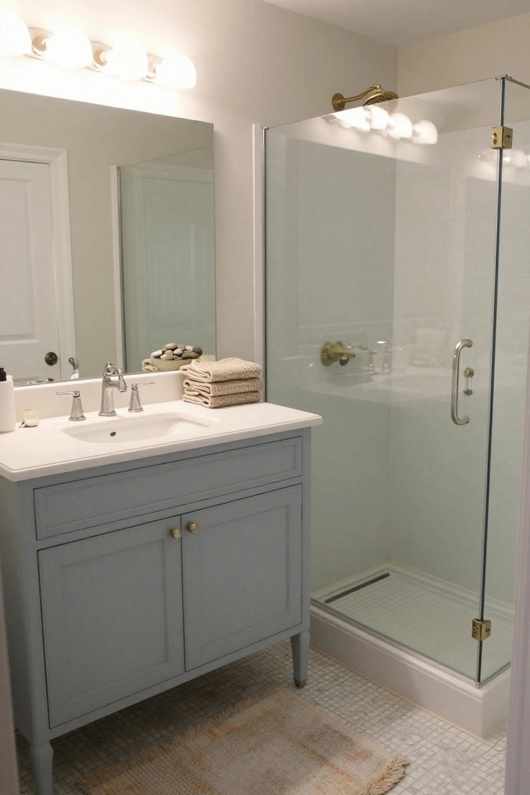 A bathroom vanity painted in soft blue-gray with a white countertop and sink next to a glass shower enclosure.