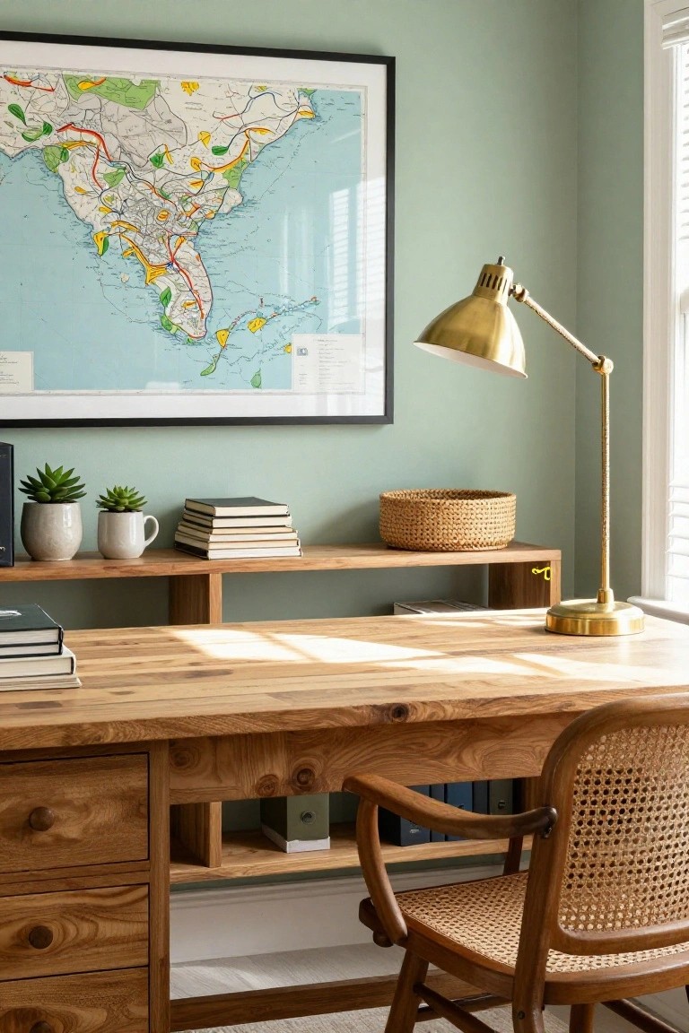 Wooden desk with brass lamp, cane chair, books, and Florida map on green wall