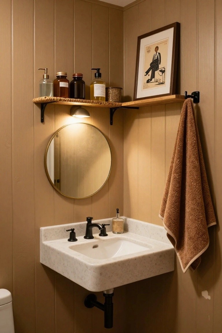 A bathroom with vertical wood paneling on the walls, a round mirror above a floating white marble sink, a wooden shelf with toiletries, and a brown towel hanging on the right.
